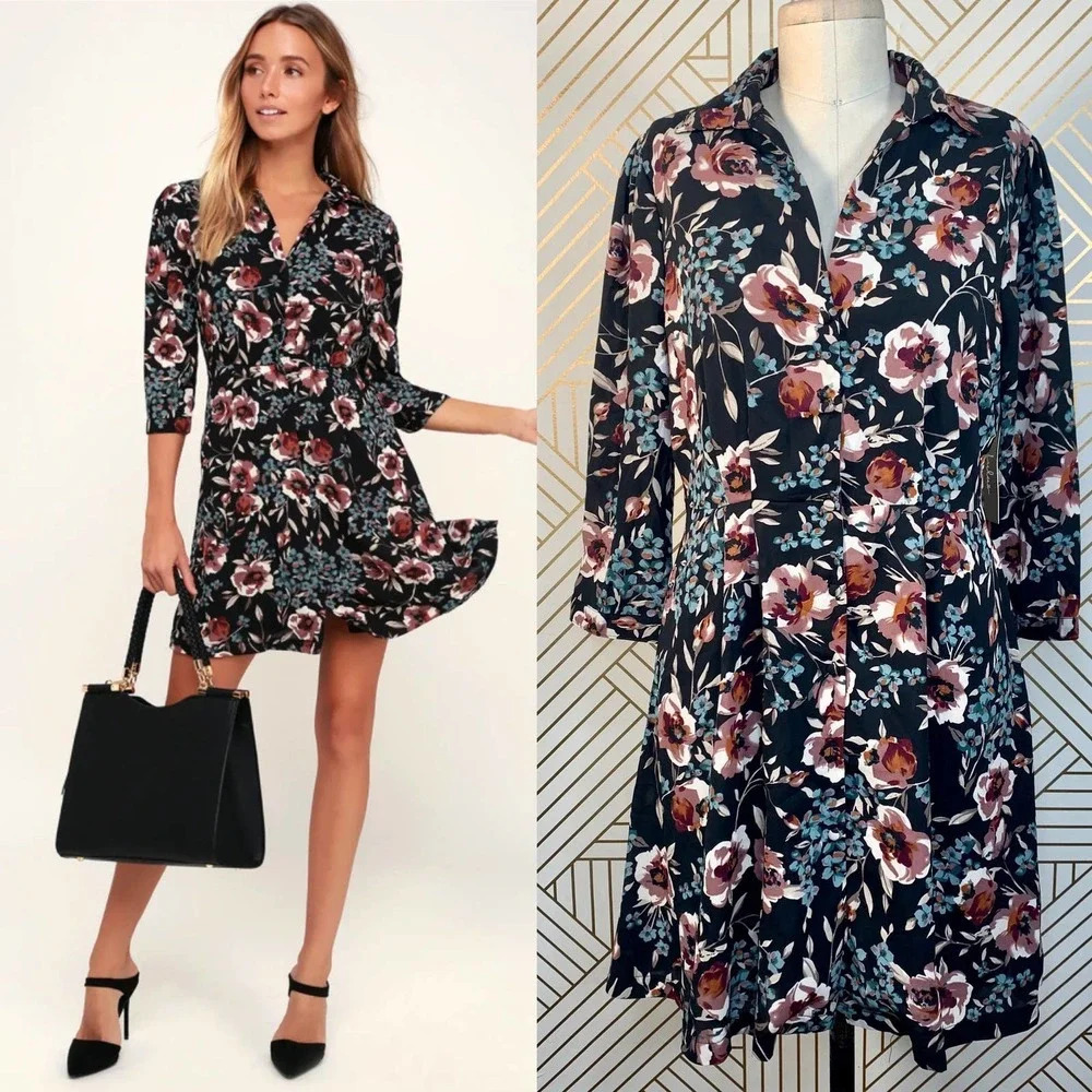 Lulus Such a Beauty Black Floral‎ Button-Up Dress
